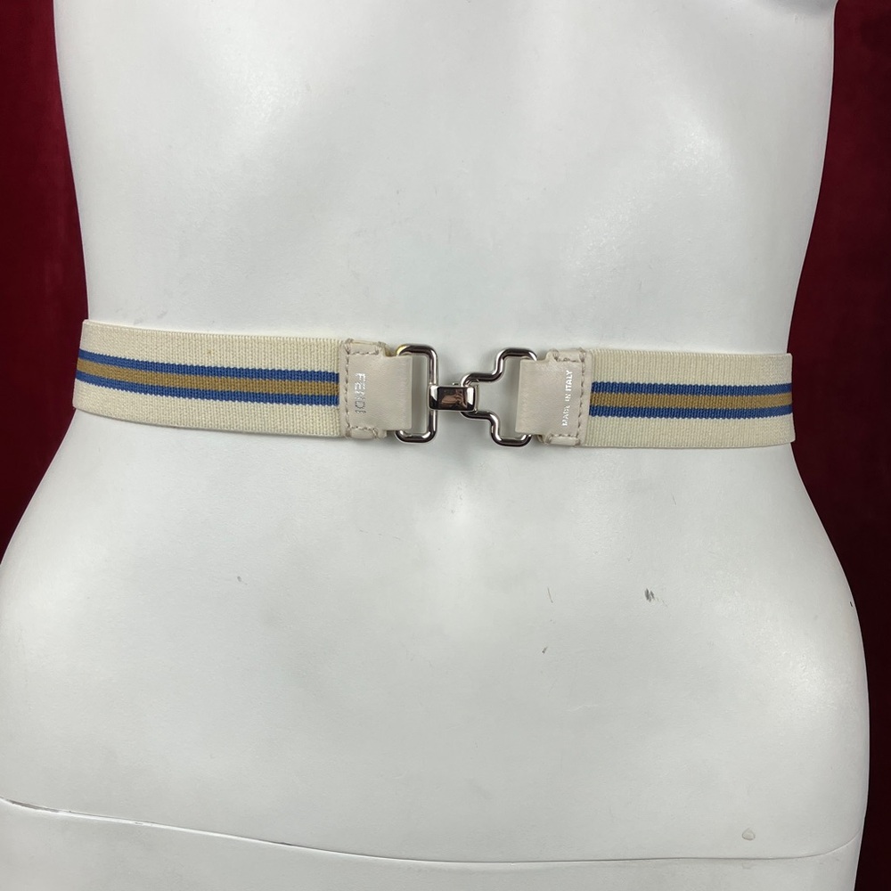 Fendi elastic Cream and Blue Striped Belt with Silver Buckle striped